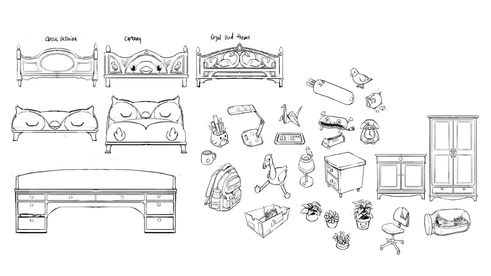 Sketches of several props in a young girl's room.