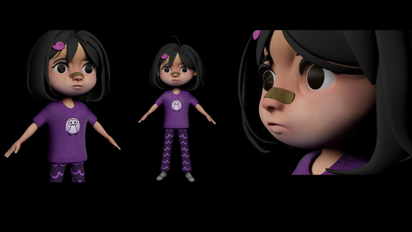 A 3D model of a young girl in a purple shirt.