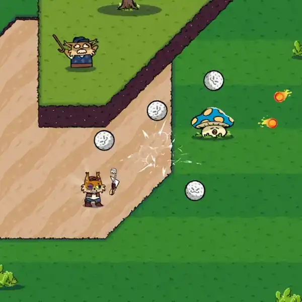 A cat hits golf balls at enemy mushrooms and wizards.