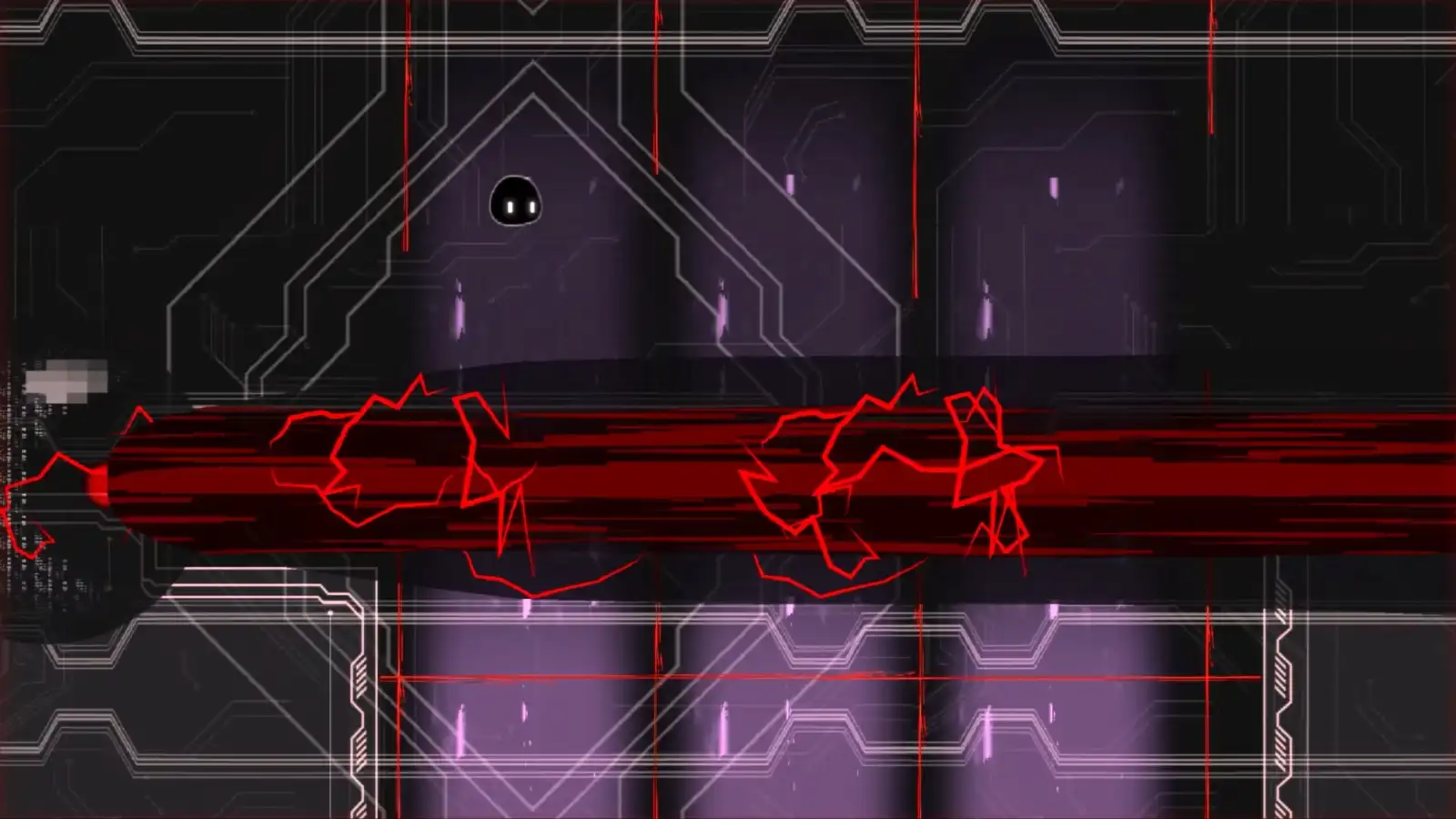 An enemy shoots a red beam of electricity at the player as they jump between columns of electricity.