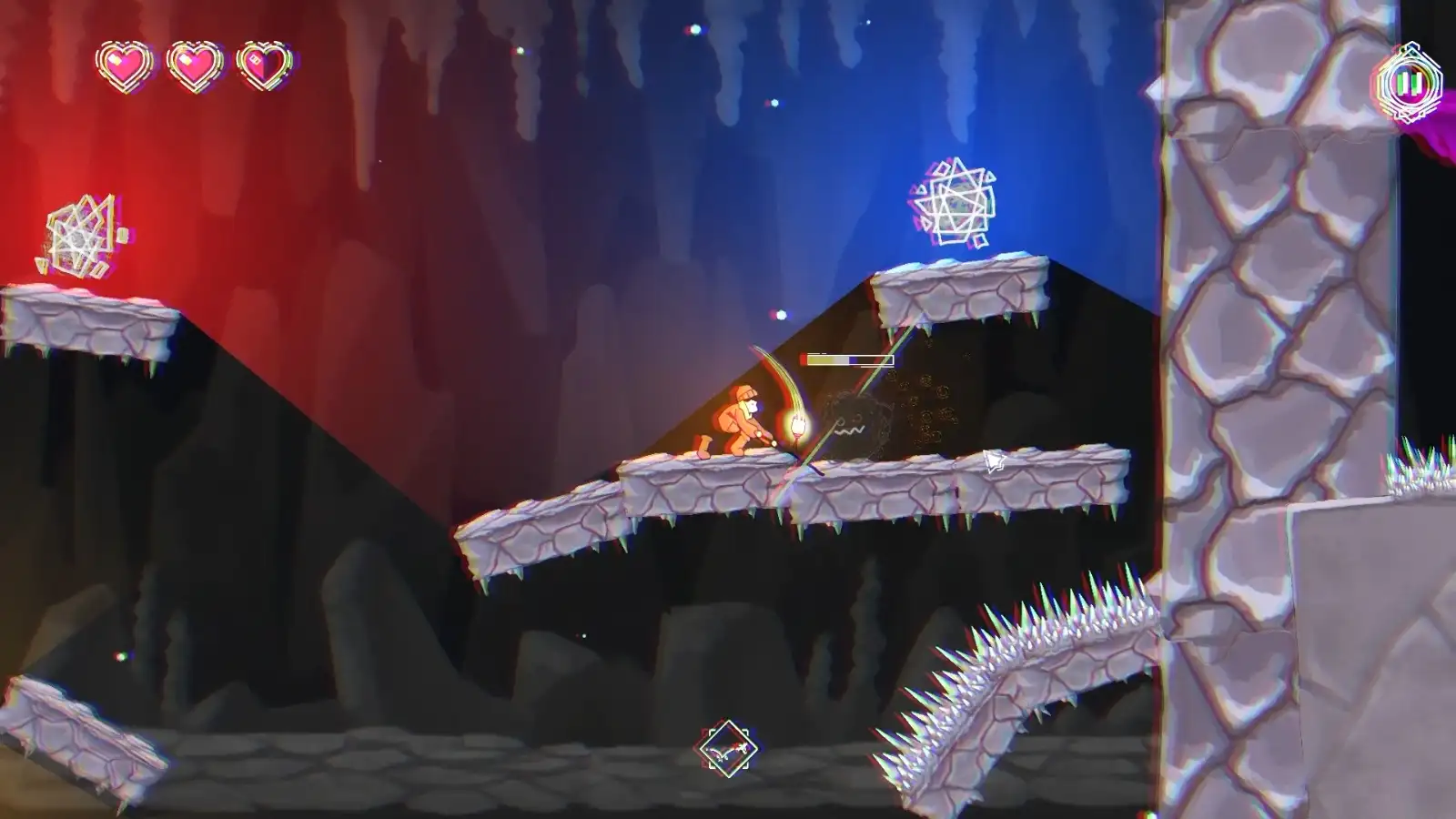 The player attacking a monster with a staff.