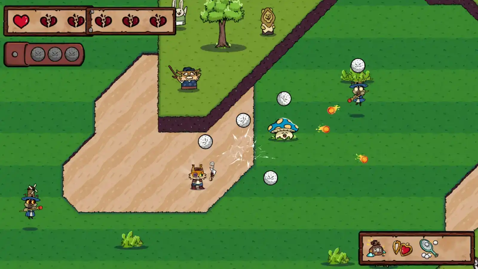 A cat hits golf balls at enemy mushrooms and wizards.