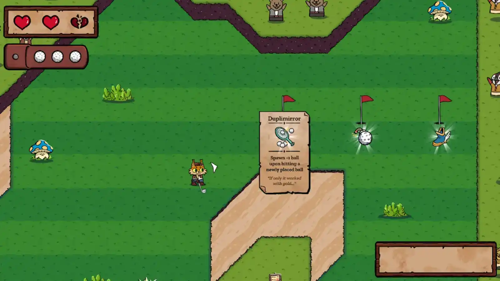 A golfing cat chooses between 3 power-ups.