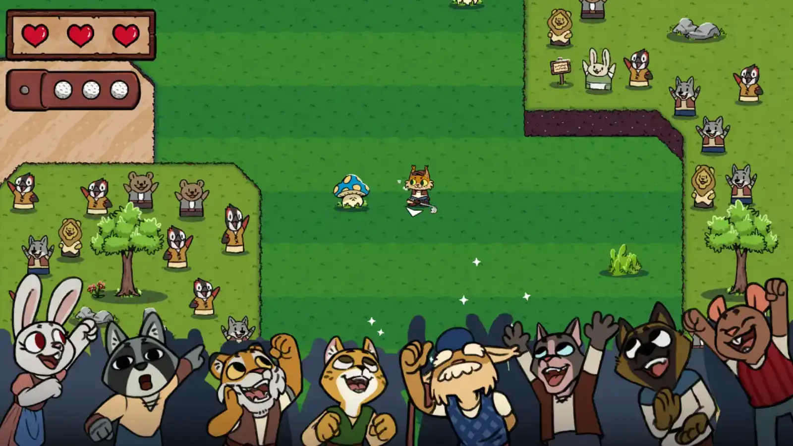 A crowd of animals cheer on a golfing cat fighting an enemy mushroom.