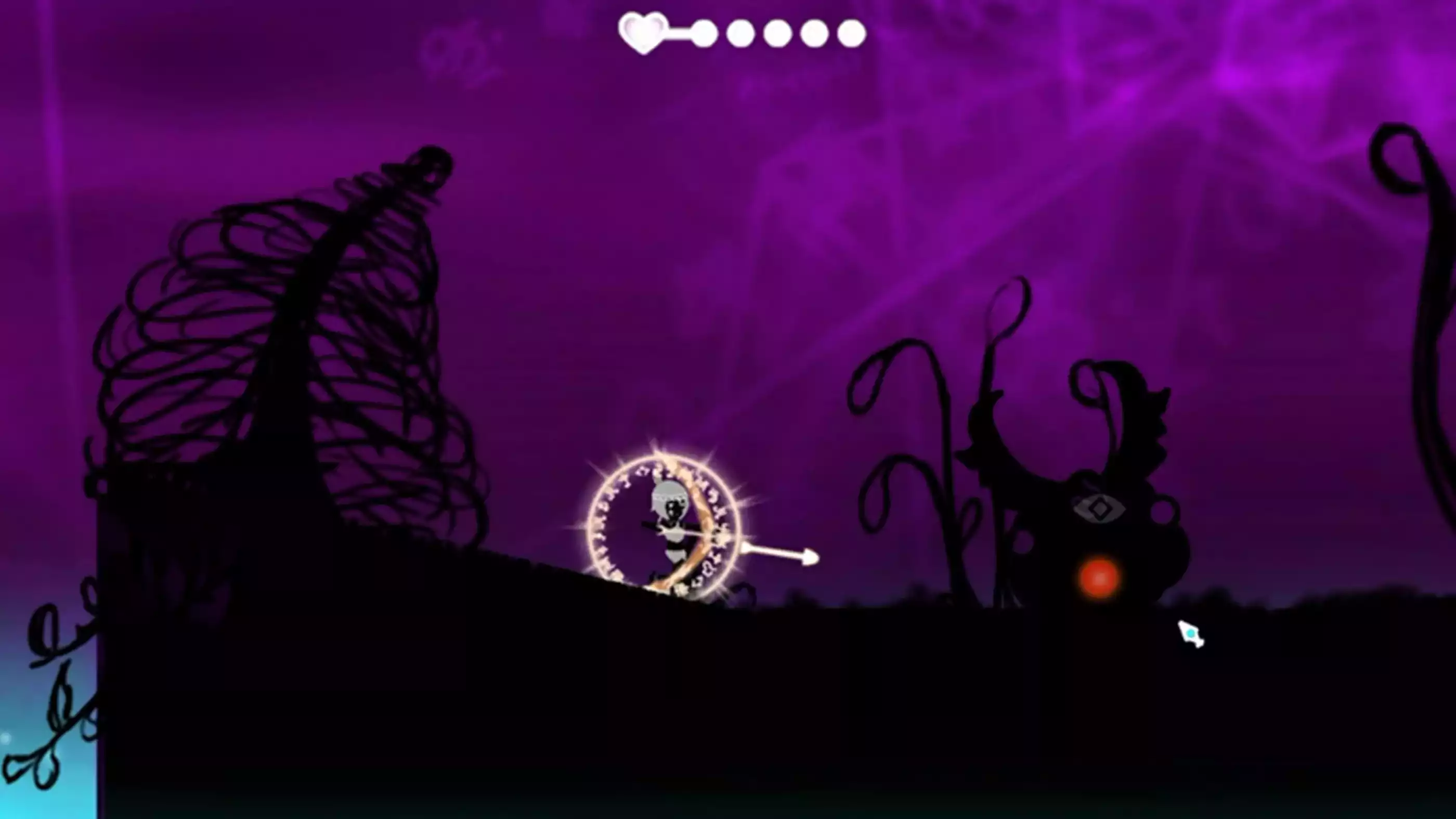 DigiPen (Singapore) Student Game IRIS The player's character shoots a shining white arrow at an enemy. She is surrounded by a circle of glowing, white runes.