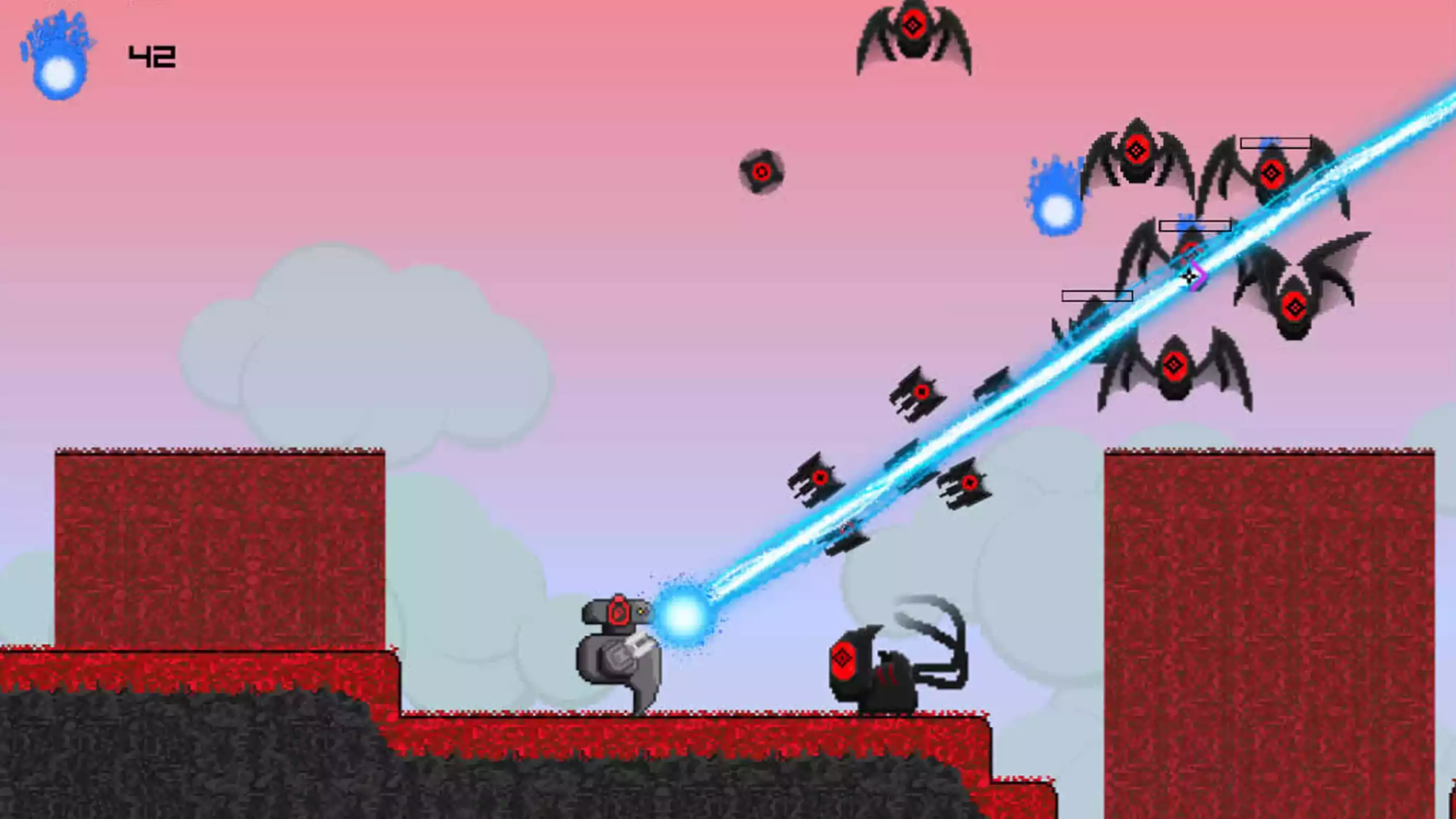 DigiPen (Singapore) Student Game MORNING WALK The player's robot character fires magenta bullets as enemy bats shoot back blue balls of fire