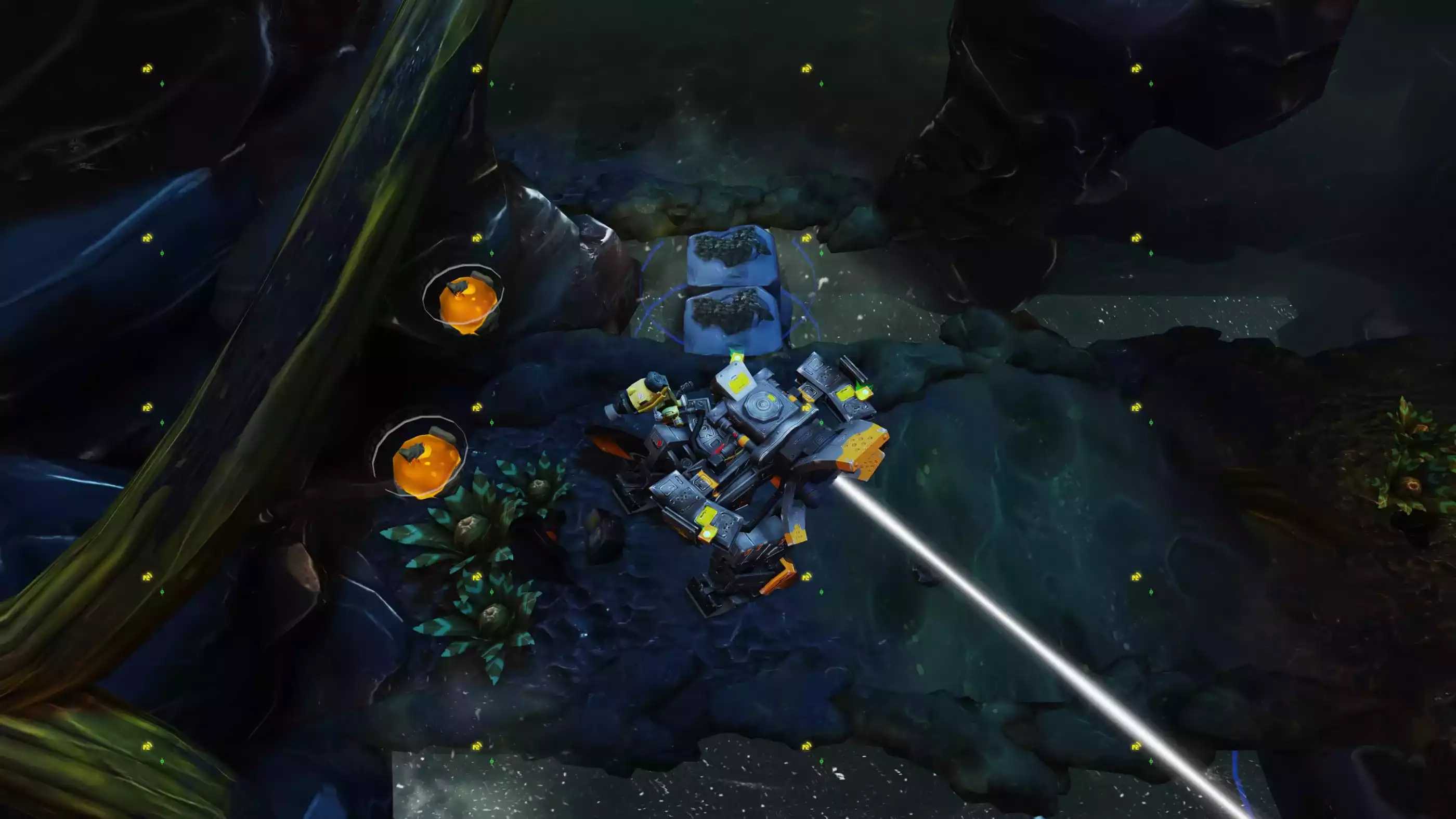 DigiPen (Singapore) Student Game SCRAP CONVOY A battle mech shoots a white laser in an underground passage