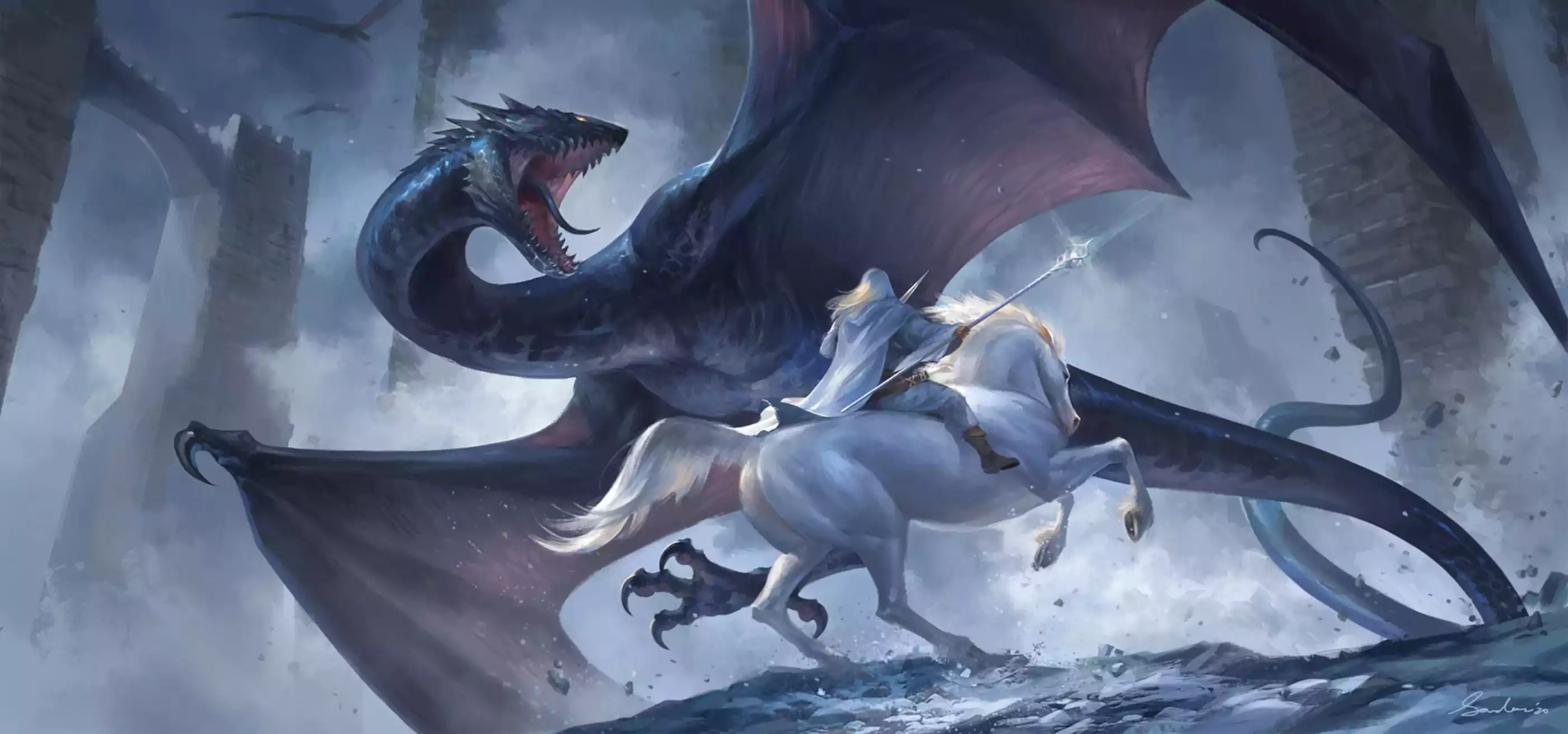 Artwork courtesy of Sandara Tang A wizard on horseback fights a wyvern-like beast, by Sandara Tang.